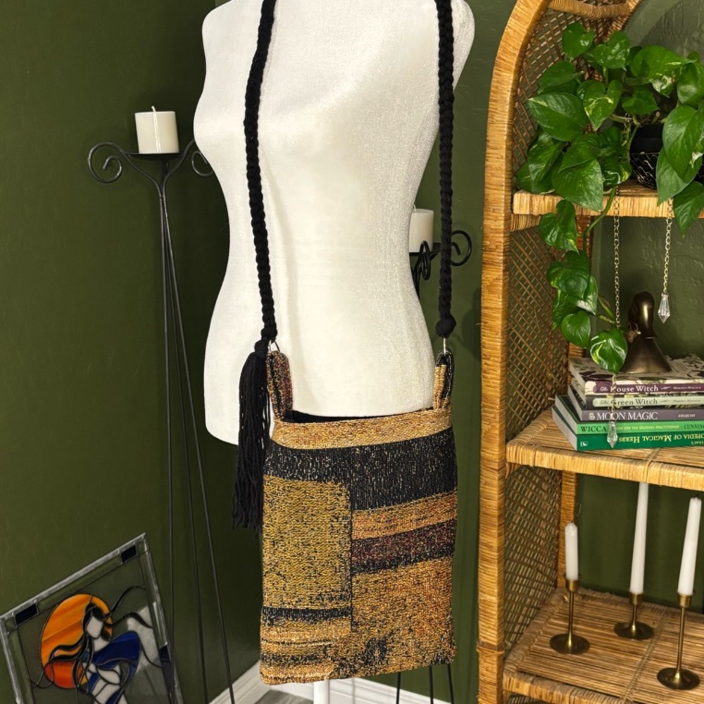 Handmade Abstract Tapestry Black Gold Woven Crossbody Bag with Black Lining
